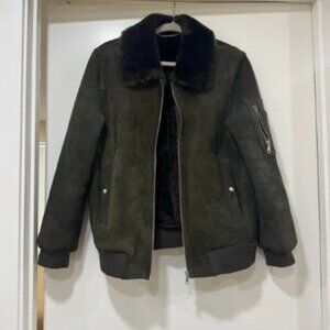 Elie Tahari 100% Real Lamb Shearling Jacket Fur Leather Olive Green Size Small